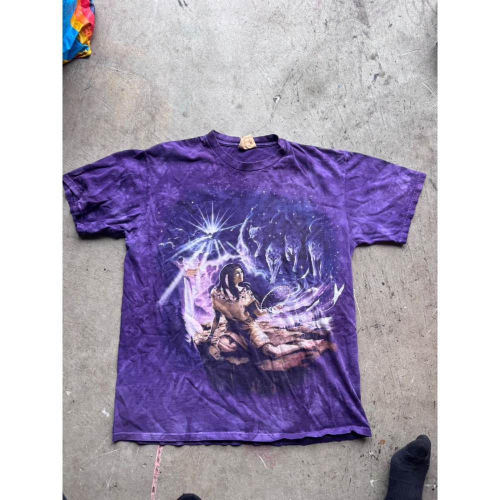 Vintage The Mountain Purple Tie Dye Wolf Native American Spirit T-Shirt Large